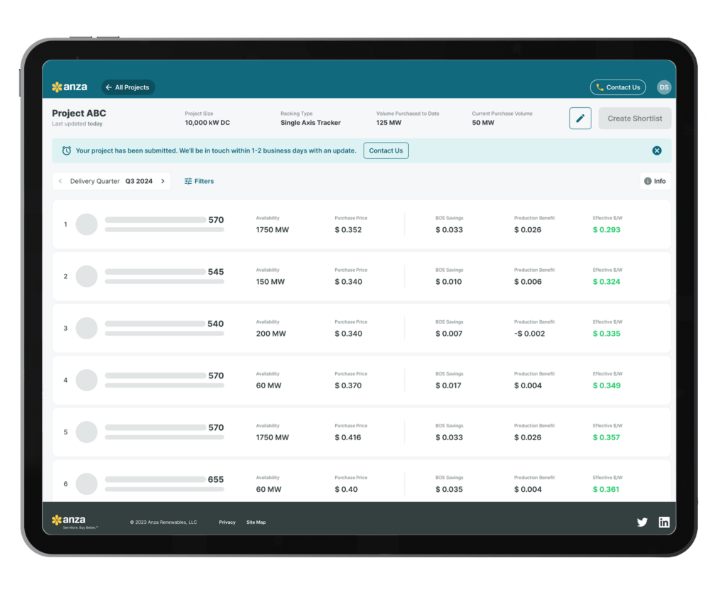 anza procurement platform solar screenshot showing effective $/Watt, which helps you make better buying decisions