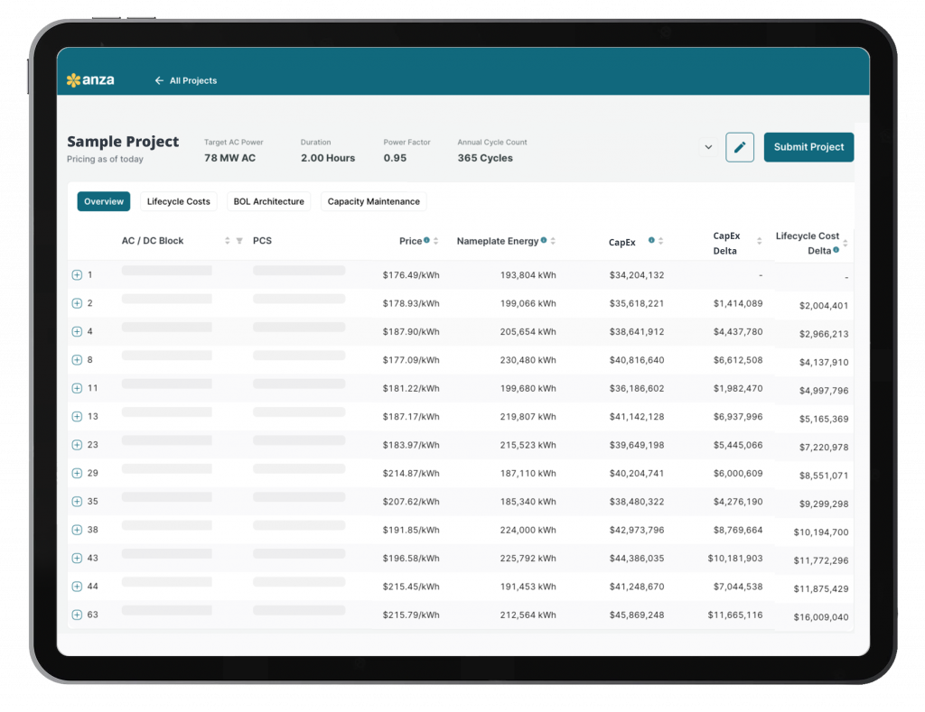 A sample project in the Anza platform showing AC and DC energy storage system options.